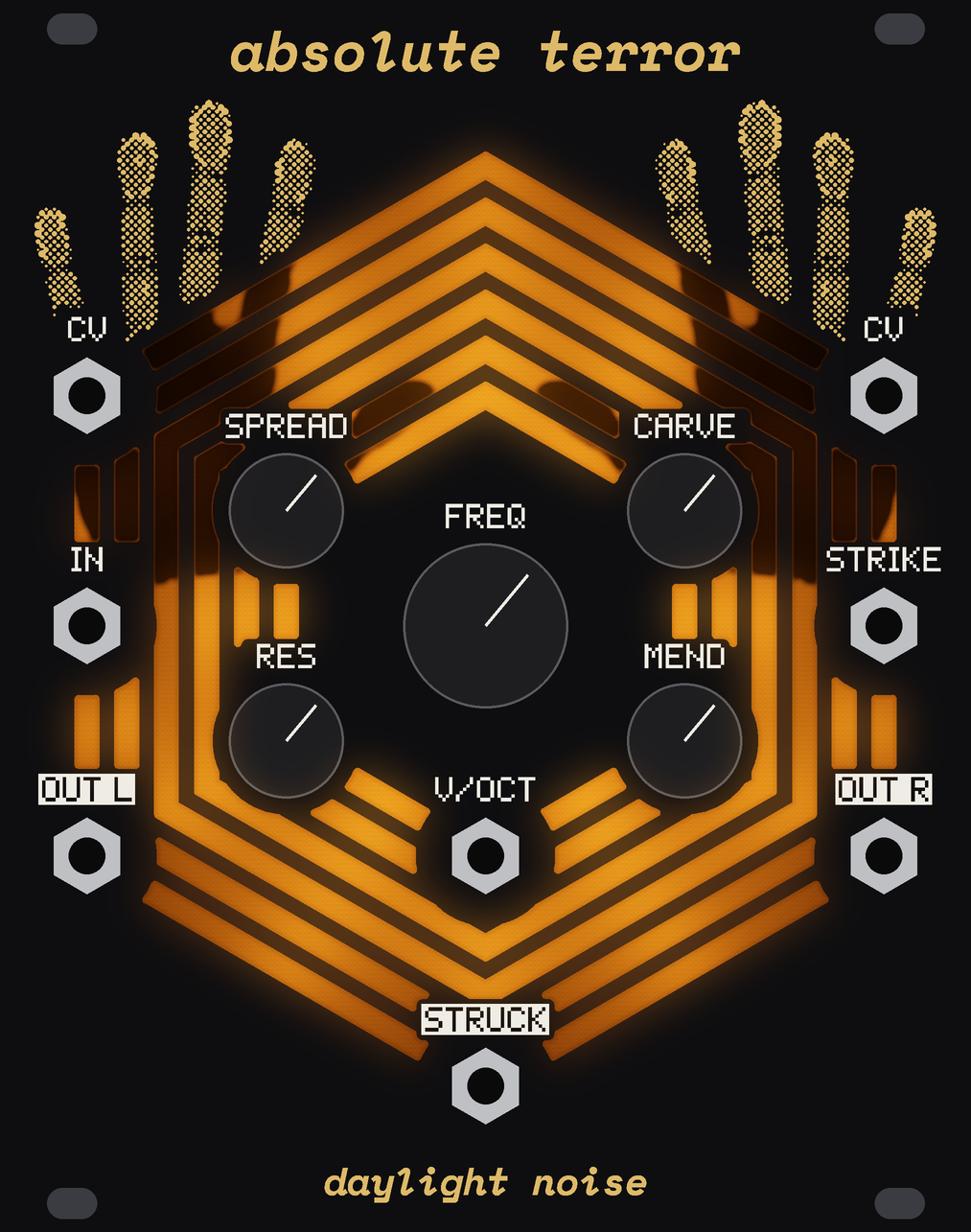 The ABSOLUTE TERROR panel, its rings lit, with its knobs on.