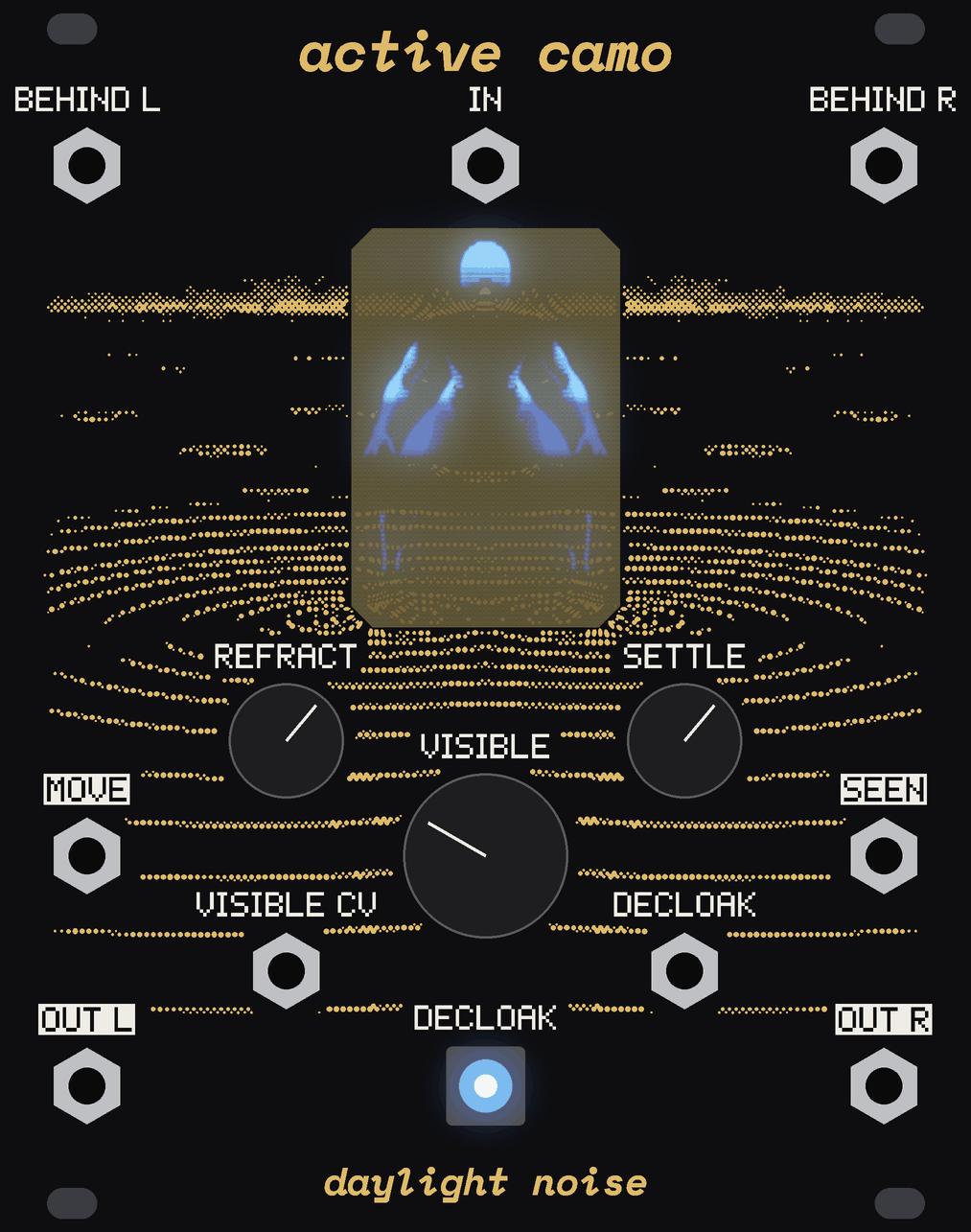 The ACTIVE CAMO panel with DECLOAK held, its knobs on, the figure half lit behind the window.