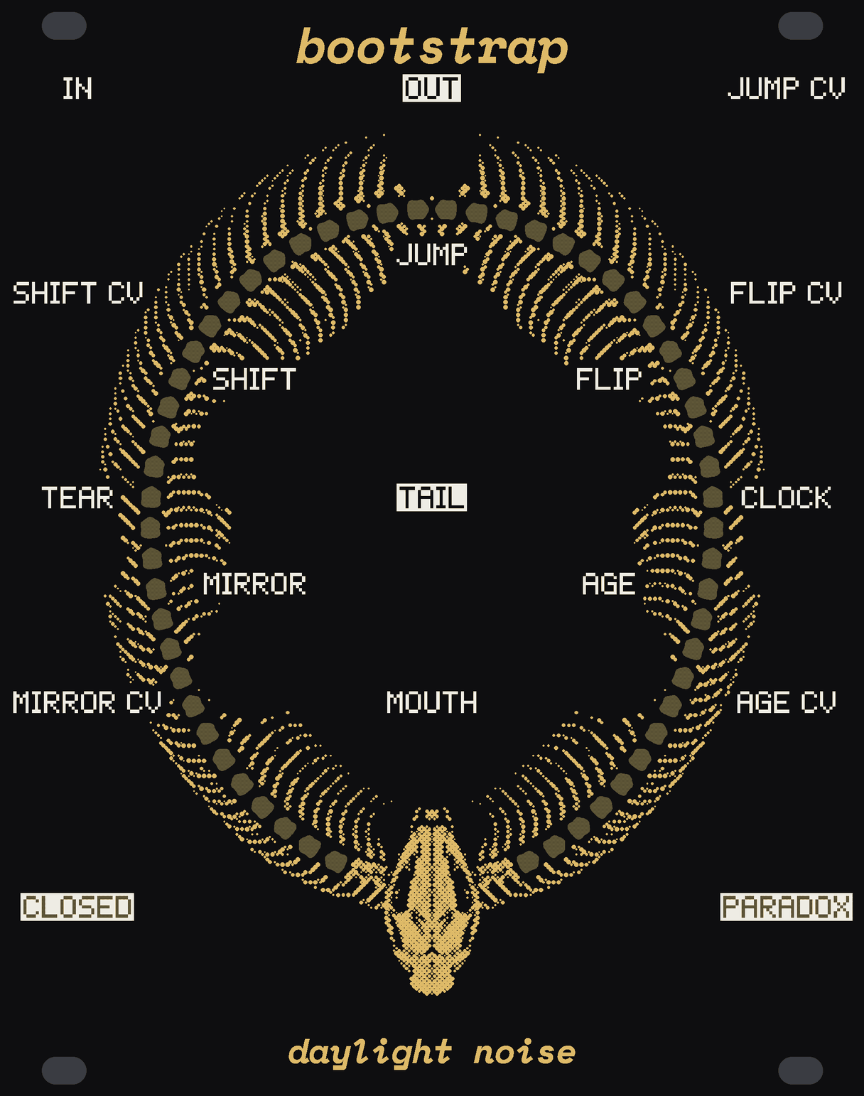 The BOOTSTRAP panel: black, with a snake's skeleton in gold dots coiled in a ring, its skull at the foot biting its own tail, every rib fanned out. Its backbone is 58 little windows of bare circuit board. White labels: IN, SHIFT CV, TEAR, MIRROR CV and CLOSED down the left; JUMP CV, FLIP CV, CLOCK, AGE CV and PARADOX down the right; OUT at the top, JUMP inside the ring under it, SHIFT, FLIP, MIRROR and AGE round TAIL in the middle, MOUTH by the jaws. bootstrap at the top, daylight noise at the bottom.