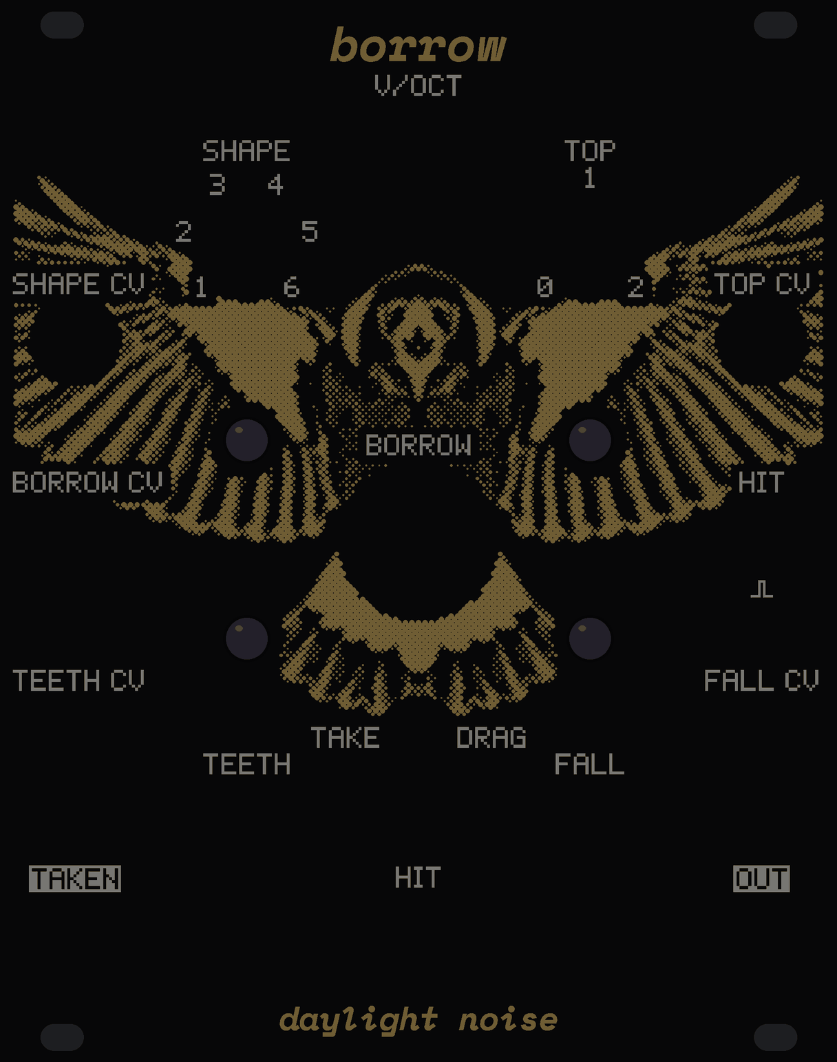The BORROW panel in a dim room: a magpie swooping straight at you, wings spread and beak open, in gold dots on black, its head under the name and its tail fanned behind the big BORROW knob. Four round lights round BORROW. White labels for the knobs SHAPE (printed 1 to 6), TOP (0 to 2), BORROW, TEETH and FALL, the switch TAKE / DRAG, the HIT button, and the jacks V/OCT, SHAPE CV, TOP CV, BORROW CV, HIT, TEETH CV, FALL CV, TAKEN and OUT.