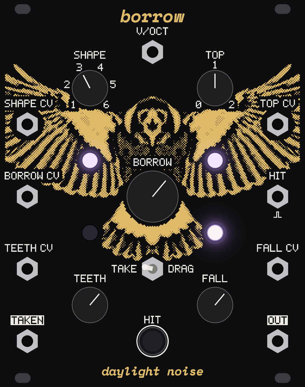 BORROW's panel: a magpie swooping straight at you in gold halftone, wings spread across the panel and beak open, its head under the name; four violet lights round the big BORROW knob, three of them lit