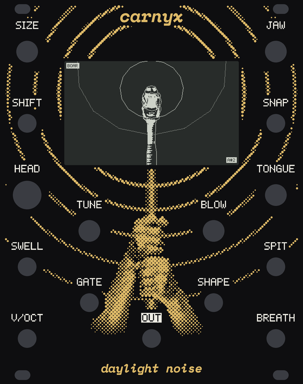 The Carnyx front panel: black, with two hands in gold halftone dots gripping the bronze tube of a war horn that rises up the middle into the screen, and rings of gold dots spreading out round the screen like the horn's blast. White labels: SIZE, HEAD, JAW and TONGUE down the sides with SHIFT, SWELL, SNAP and SPIT between them, TUNE and BLOW under the screen, then GATE, SHAPE, V/OCT, BREATH and OUT.
