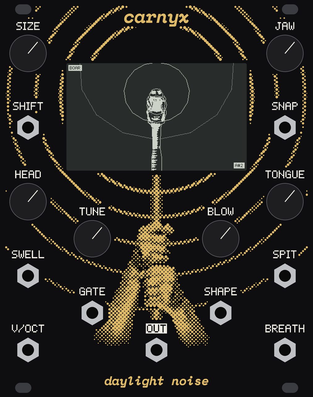 The Carnyx front panel, with its knobs and jacks.
