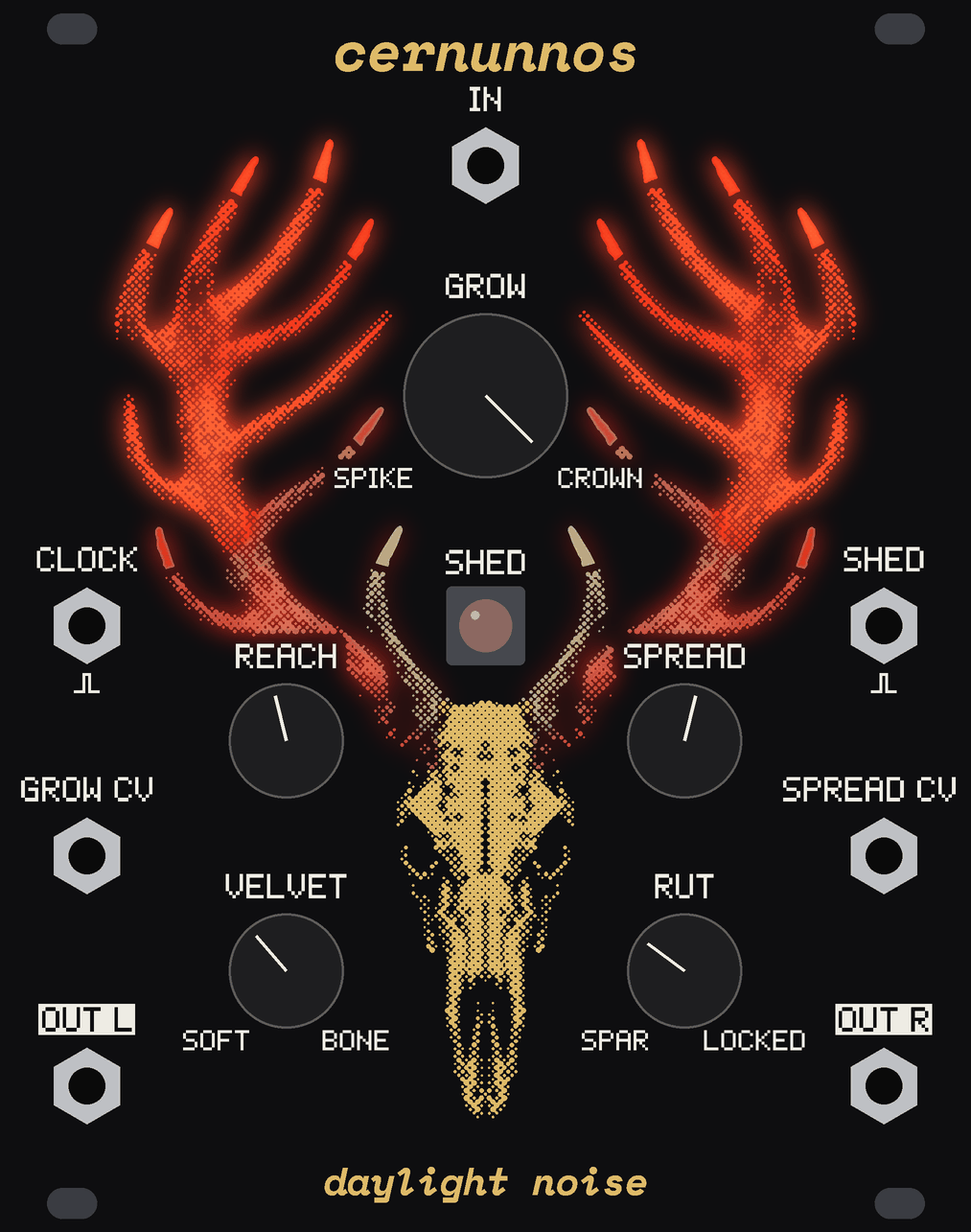 The CERNUNNOS panel with its crown lit, the knobs on.