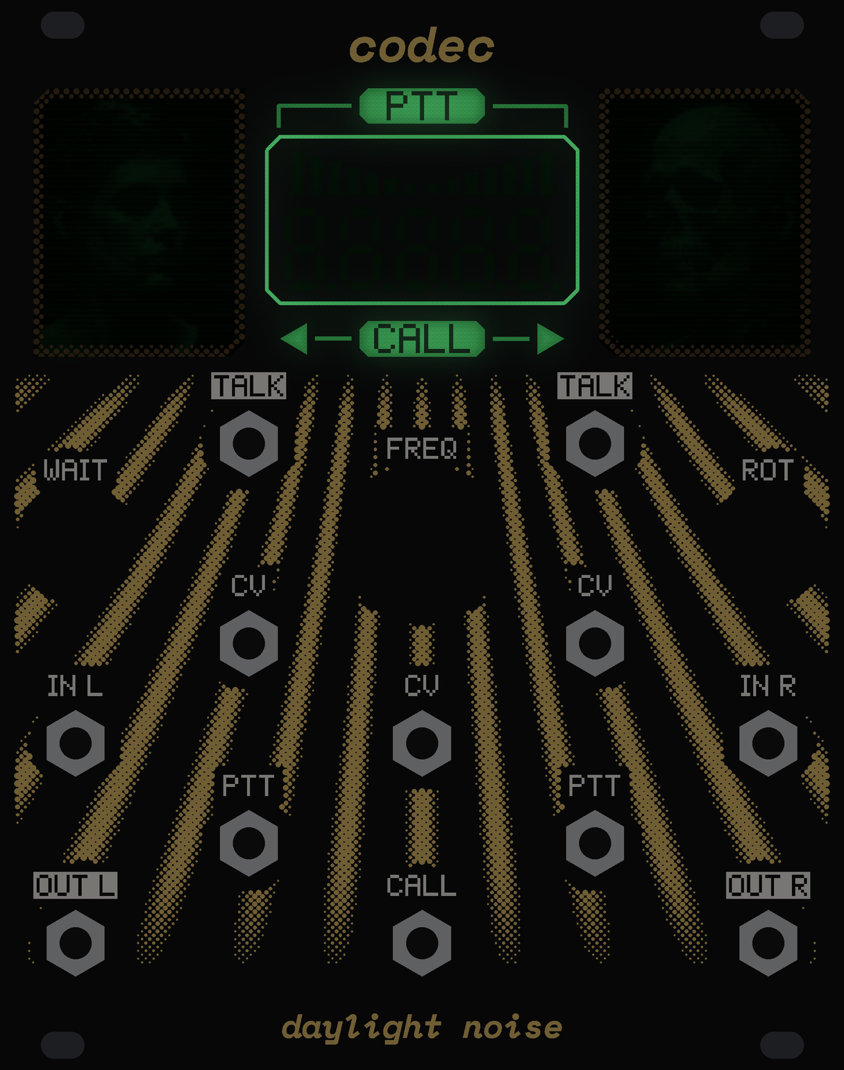The CODEC panel, switched on in a dark room. At the top, a screen of green-lit windows: a portrait window each side, dark until that side talks, and between them PTT, level bars, a five-digit frequency and CALL with an arrow each side. Below, gold halftone fringes fan down the panel between WAIT, FREQ and ROT, and the jacks: TALK, CV, IN L, IN R, PTT, OUT L, OUT R and CALL. codec at the top, daylight noise at the bottom.