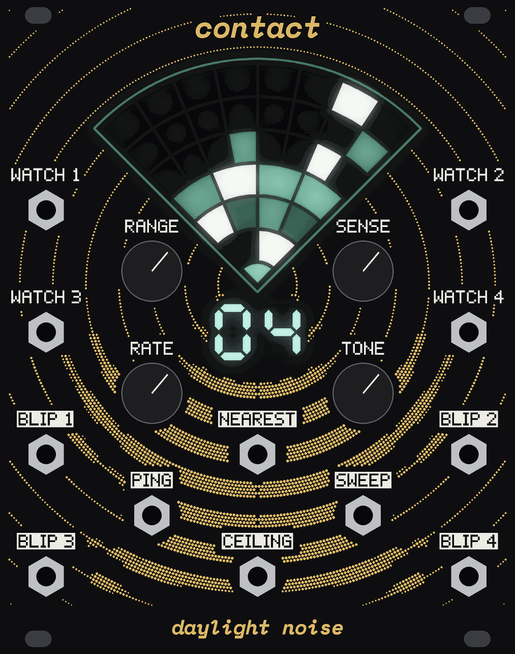 The CONTACT panel closing in: four contacts on the fan, the sweep going out, the outline lit, with its knobs on.