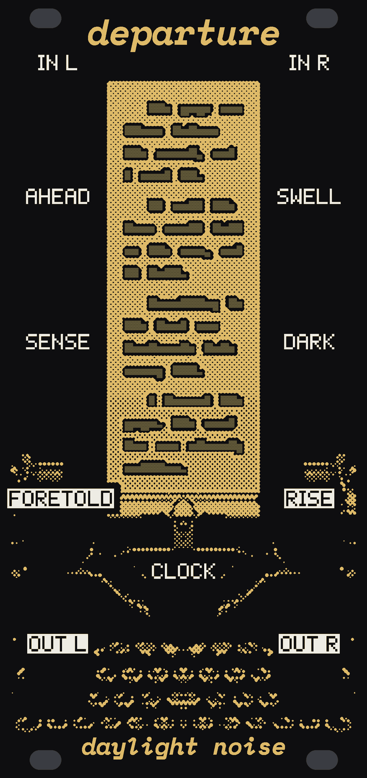 The DEPARTURE panel: black, with an old typewriter from the front in gold dots, a sheet of gold paper standing up out of it into the middle of the panel. The paper carries sixteen typed lines in four paragraphs, every word a window of bare circuit board. White labels: IN L and IN R at the top corners, AHEAD and SWELL beside the paper, SENSE and DARK below them, FORETOLD and RISE down the edges, CLOCK under the paper, and the outputs OUT L and OUT R at the foot. departure at the top, daylight noise at the bottom.