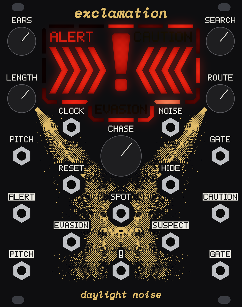 The EXCLAMATION panel, its screen lit at ALERT, with its knobs on.