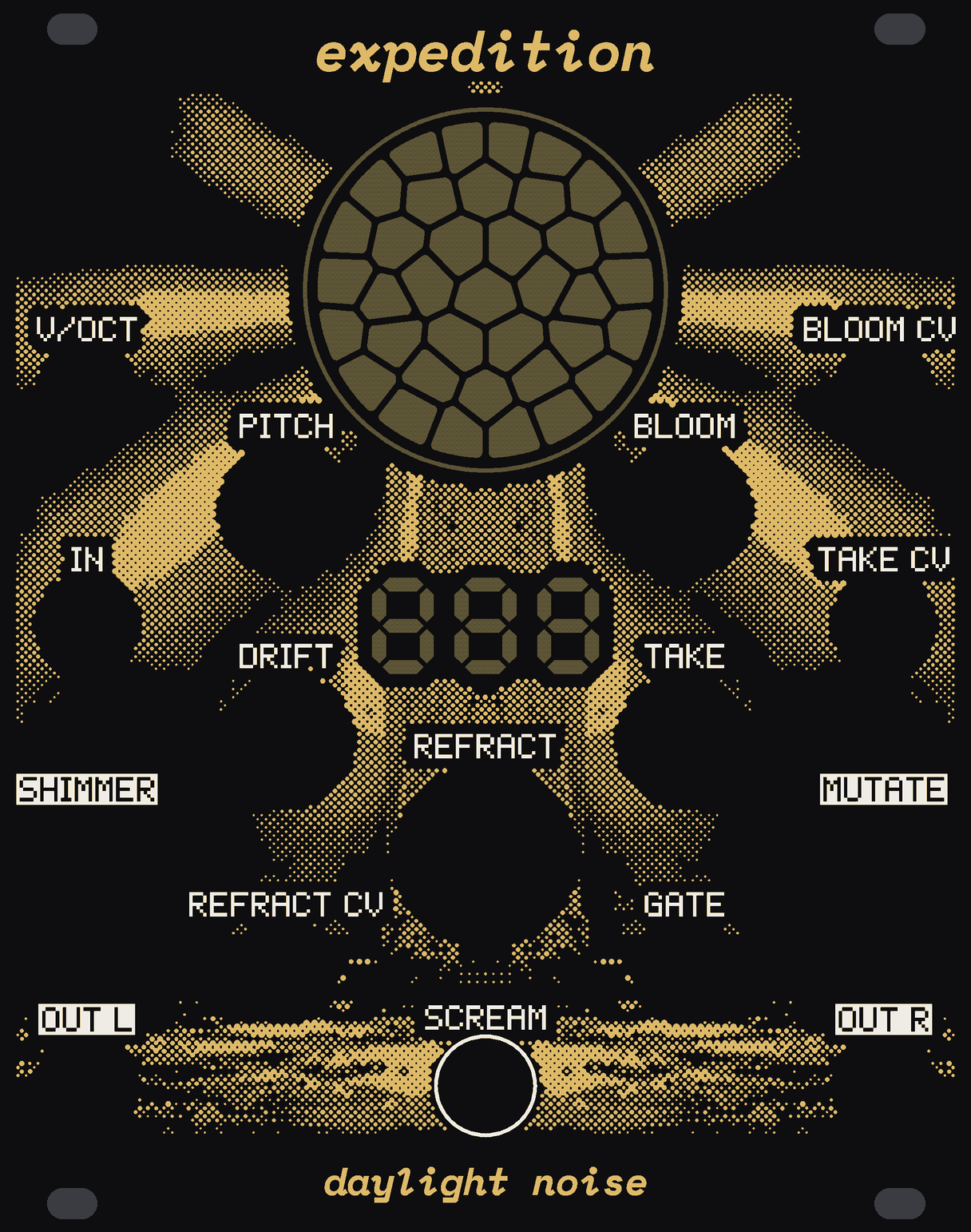 The EXPEDITION panel: black, with a lighthouse in gold dots down the middle. Its lamp is a round window under the name, cut into 37 cells of bare circuit board in rings round one in the middle, with a thin ring round them all; the lamp's beams spread out through mist across the panel, and the tower stands on a beach above the maker's mark. Under the window, three seven-segment digits. White labels: V/OCT and BLOOM CV, IN and TAKE CV, SHIMMER and MUTATE, OUT L and OUT R down the edges; the knobs PITCH and BLOOM, then DRIFT and TAKE, either side of the tower; REFRACT, the big knob, in the middle, with REFRACT CV and GATE either side; SCREAM at the foot. expedition at the top, daylight noise at the bottom.