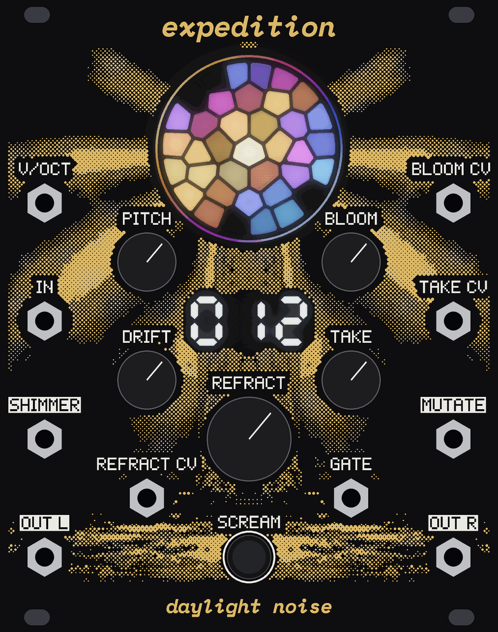 The EXPEDITION panel twelve expeditions in: the Shimmer's cells lit in oil-film colours, its ring glowing, the readout reading 012, with its knobs on.