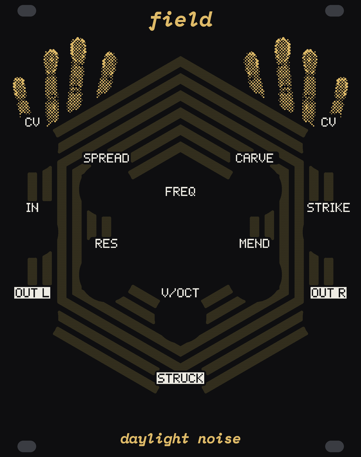 The FIELD panel: black, six nested hexagonal rings of bare glass round the big FREQ knob, broken round every knob and jack, each glowing orange with its band's level. Above the rings, the fingers of two hands pressed flat against the glass, in gold dots; the palms are printed on the back of the panel and show only as shadows in the lit rings. White labels: SPREAD and CARVE, RES and MEND on the innermost ring's corners, the CV, IN, STRIKE and OUT jacks down the sides, V/OCT and STRUCK below. field at the top, daylight noise at the bottom.