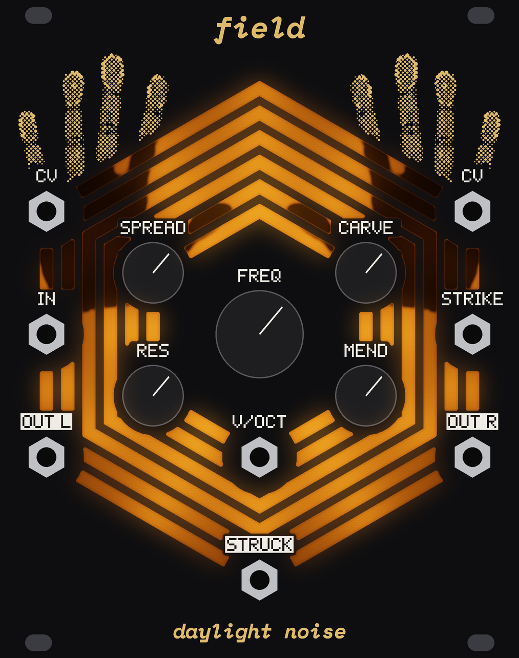 The FIELD panel, its rings lit, with its knobs on.