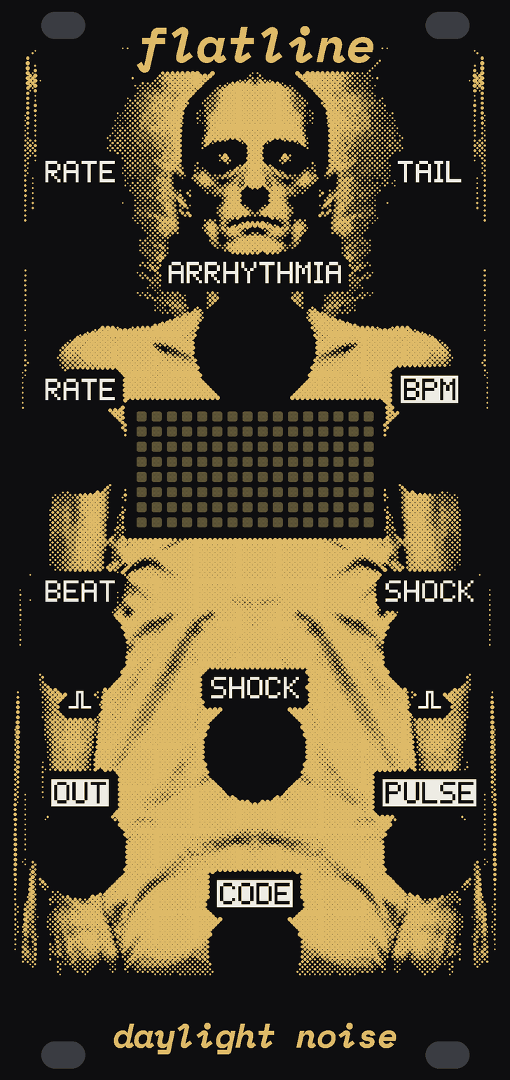 The FLATLINE panel: black, a starved man laid out on a table in gold dots, seen from above, his face under the name and his eyes dark. Across his chest a monitor of small square windows of bare circuit board, sixteen across and eight down, with the jacks RATE and BPM either side of it. The knobs RATE and TAIL on his shoulders and ARRHYTHMIA on his breastbone; under the monitor the jacks BEAT and SHOCK, the SHOCK button, OUT and PULSE, and CODE at the foot. flatline at the top, daylight noise at the bottom.