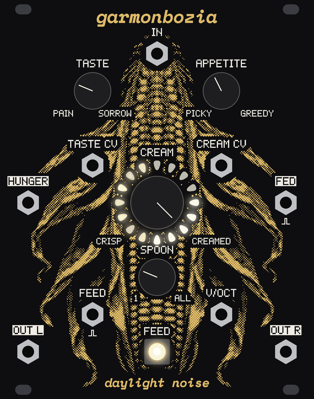The GARMONBOZIA panel with FEED held: four kernels already eaten and dark, a spoonful of five burning bright, the rest of the bowl lit softly.