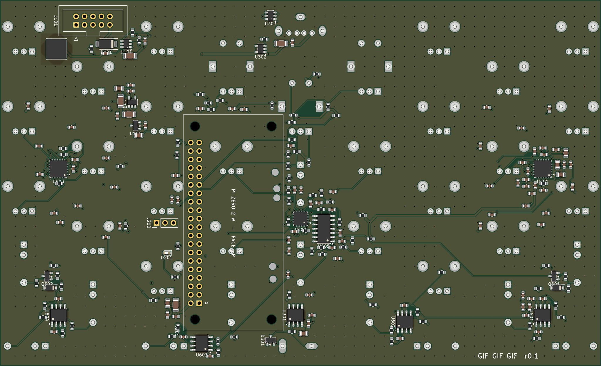 The back of the main board as KiCad renders it: black solder mask, the small surface-mount parts, the outline of the Pi's socket with the five pogo pin pads beside its header, and the power header at the top.