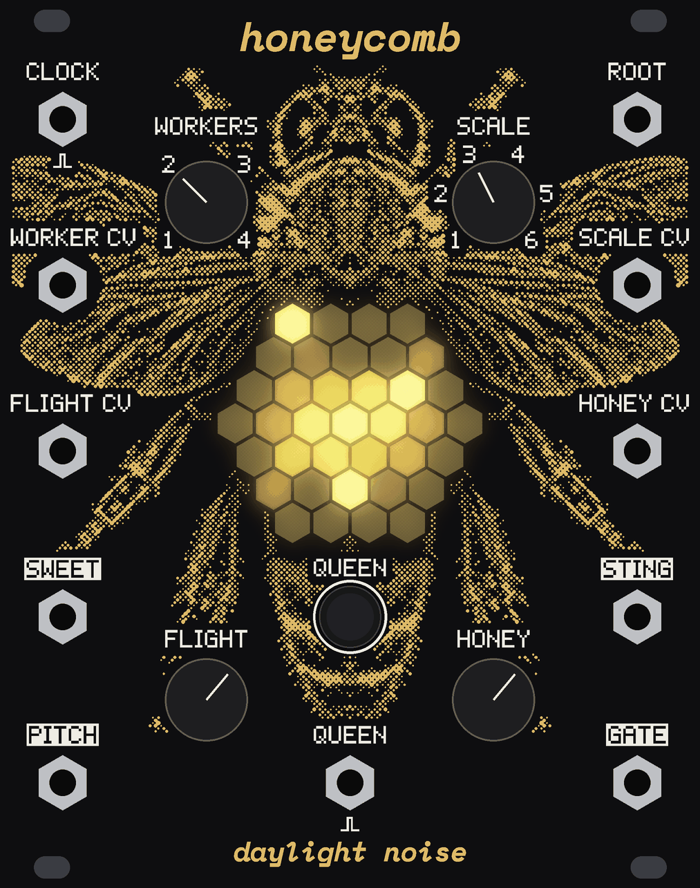 The HONEYCOMB panel playing, its comb lit along the workers' paths, with its knobs on.