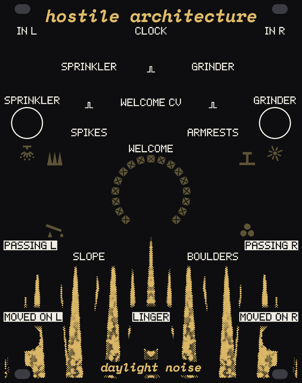 The HOSTILE ARCHITECTURE panel: black, a row of steel spikes in gold dots rising from the foot, the tallest on the middle pointing up at WELCOME, the big knob, in a ring of seventeen small square studs of bare circuit board. SPIKES and ARMRESTS over it, SLOPE and BOULDERS under it, each with a small pictogram window beside it; the SPRINKLER and GRINDER buttons out at the sides with theirs under them. IN L, CLOCK and IN R along the top with the SPRINKLER and GRINDER gates and WELCOME CV under them; PASSING L and R at the sides, MOVED ON L, LINGER and MOVED ON R along the foot. hostile architecture at the top, daylight noise at the bottom.