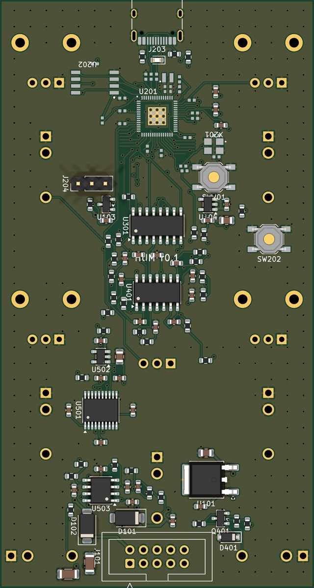 The back of HUM's main board as KiCad renders it: the RP2350 near the top with its flash and crystal, two tactile buttons, the DAC, the op-amps and the regulator, and the shrouded power header at the bottom.