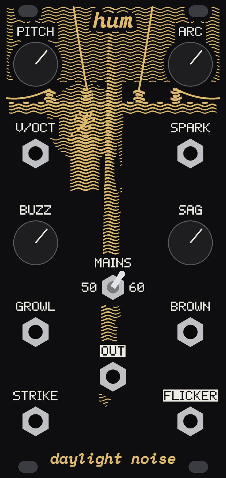 HUM's panel: a lit power pole, its crossarm, insulators and wires, a transformer throwing sparks, drawn in gold hum lines on black, with twelve knobs and jacks on a staggered grid and a 50/60 toggle