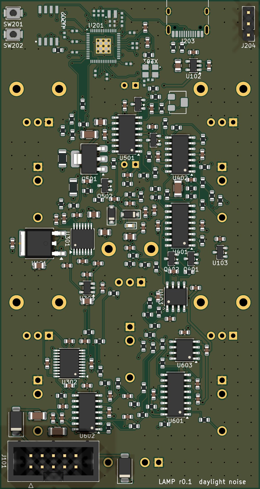 The back of LAMP's main board as KiCad renders it: black solder mask, the RP2350 and its flash and crystal at the top, the op-amps, the LM13700 and the SSI2164 down the board, the eurorack power header at the bottom right.
