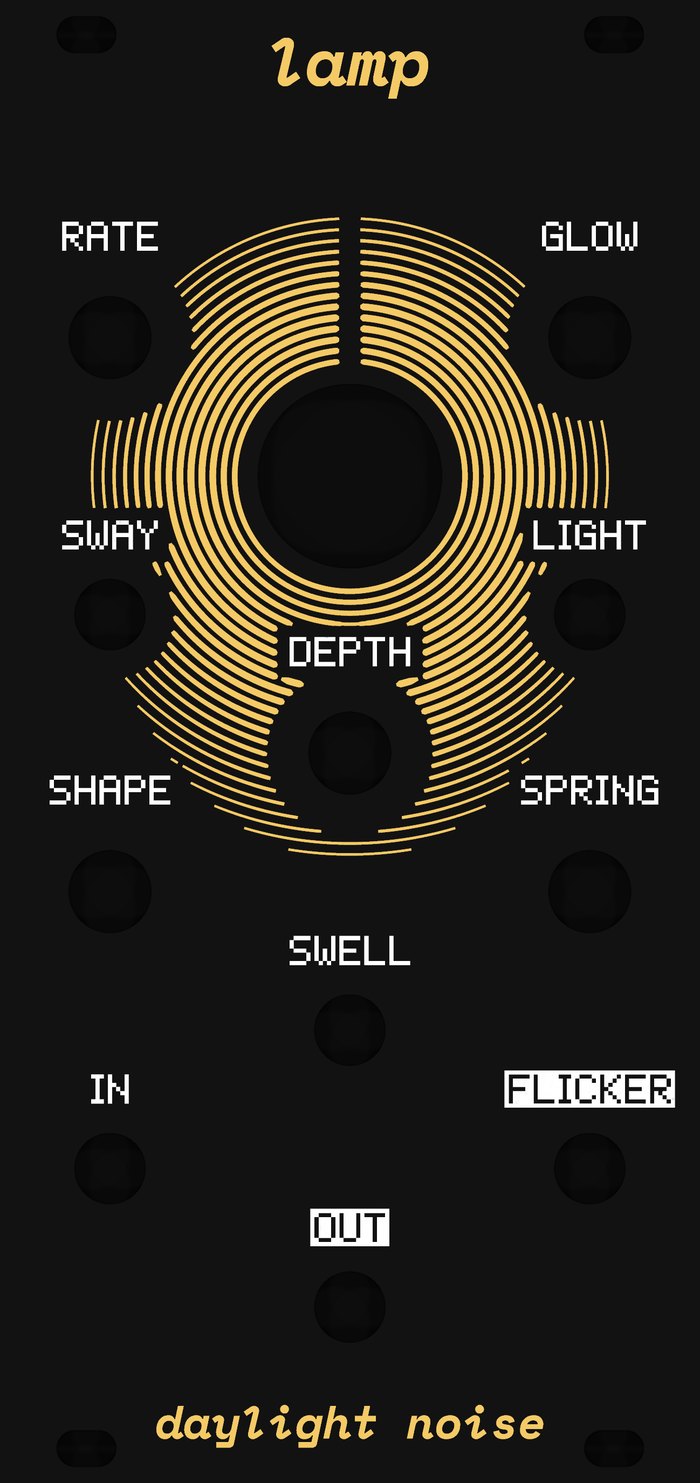 The LAMP panel: black, a round window near the top with a small bulb behind it, gold rings spreading round the window like the glow of a lamp, white labels, five knobs and six jacks. lamp at the top, daylight noise at the bottom.