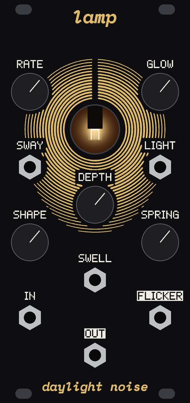 LAMP's panel: a round window for the bulb at the top, its glow printed as gold rings on black with a cord running up to the name, and eleven knobs and jacks on a staggered grid