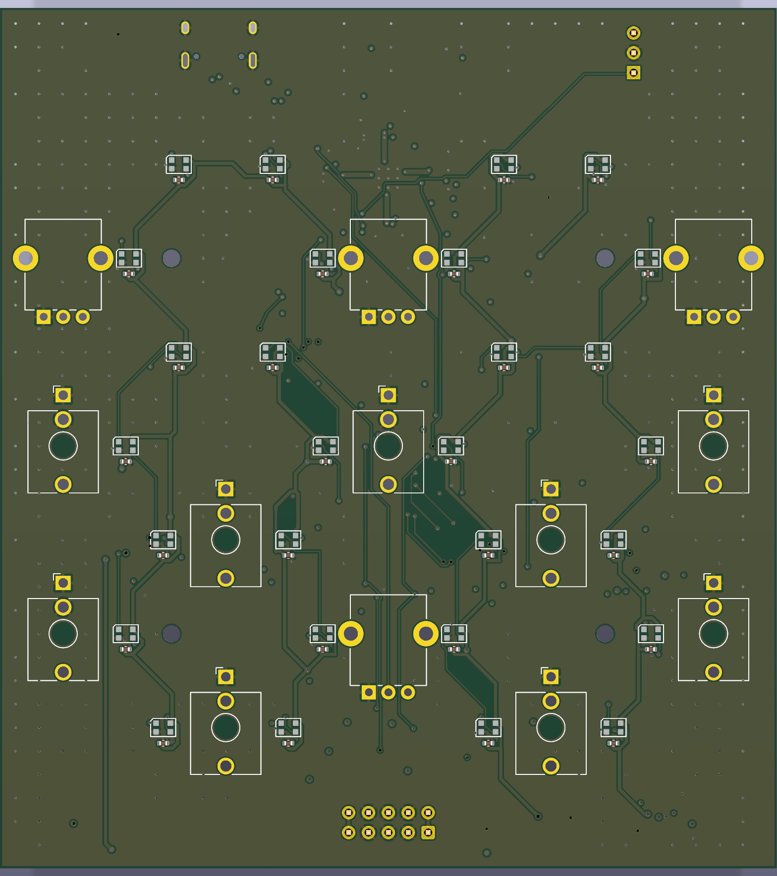The front of the main board as KiCad renders it: the jacks, pots and the small LEDs, each in the place of its tile.