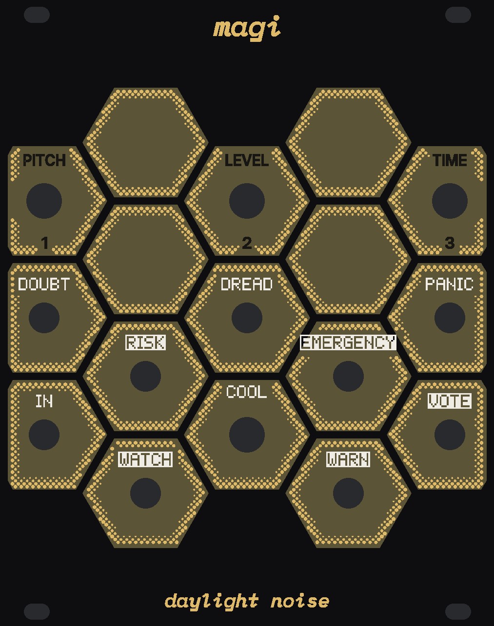 The MAGI panel, unlit: black, with hexagonal tiles of bare circuit board in black webs, the knobs PITCH, LEVEL, TIME and COOL, nine jacks with white labels, magi at the top and daylight noise at the bottom.