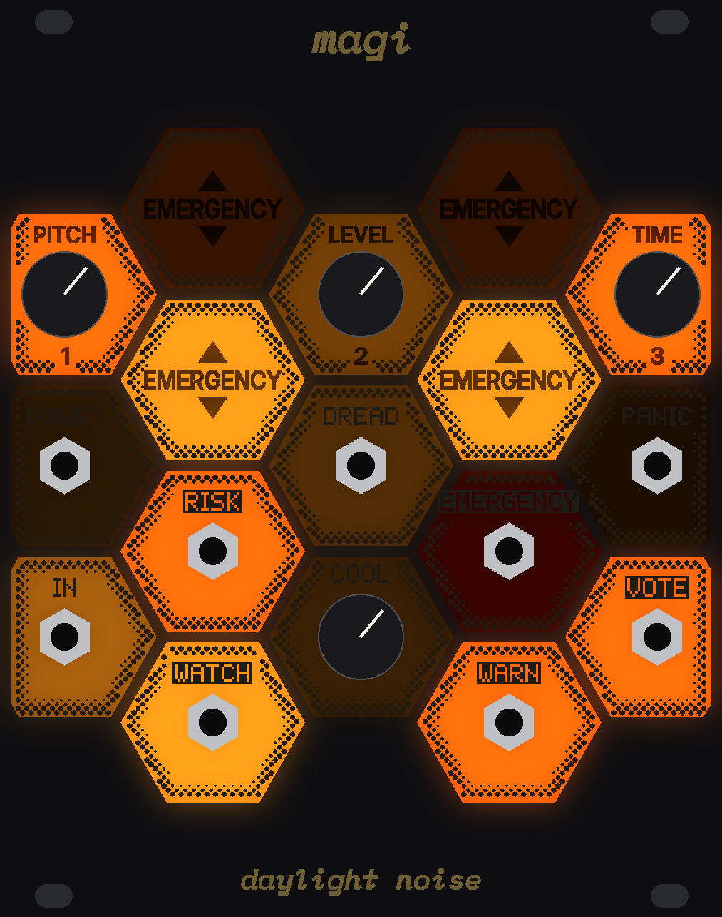 MAGI's panel: a honeycomb of seventeen hexagonal tiles of bare circuit board, lit amber and orange from behind, a knob or a jack at the centre of most, four of them reading EMERGENCY