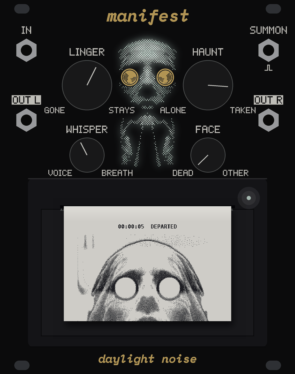 MANIFEST's panel: a face under a burial sheet in tiny dots of bare circuit board, lit pale green-white from behind, a gold coin on the sheet over each eye, the sheet falling toward a thermal printer in the bottom half; a receipt hangs out of it, printed DEPARTED over her face with the coins on her eyes