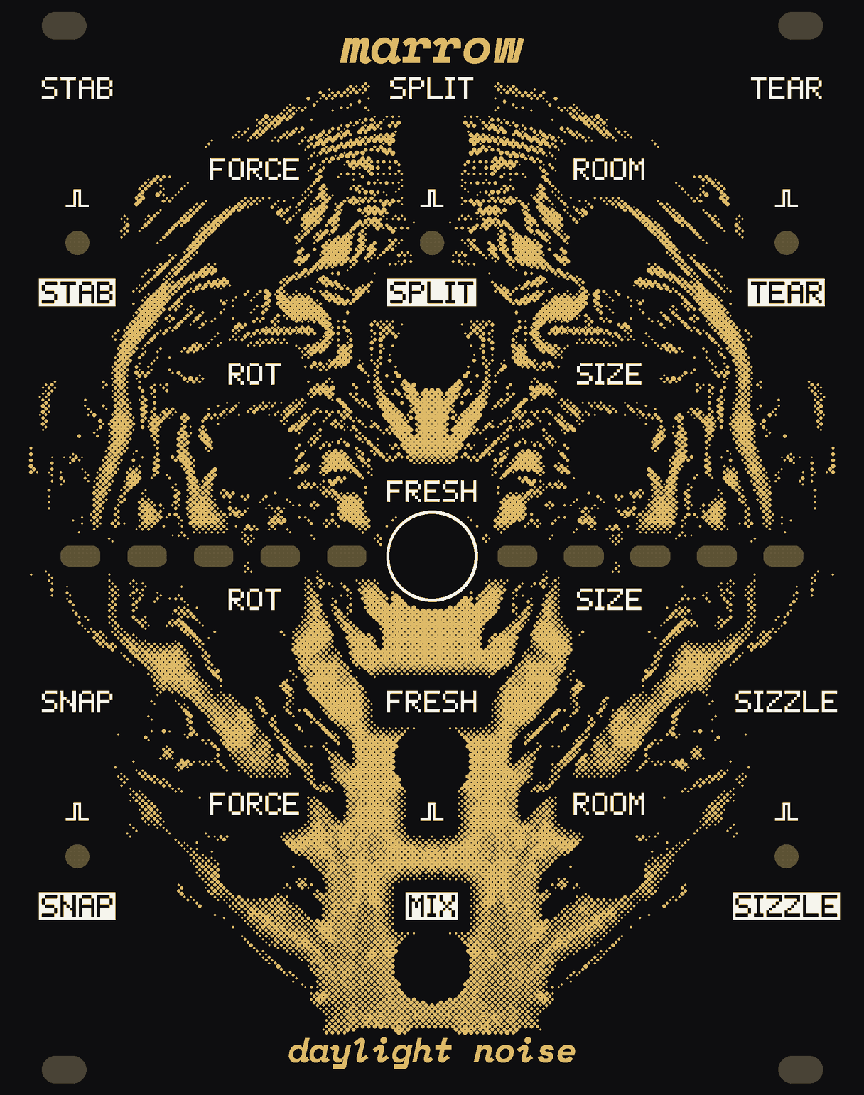 The MARROW panel: black, with half a cabbage in gold dots filling it, its cut face a maze of veins round a white core rising from the foot. A row of ten small lights of bare circuit board runs across the middle with the FRESH button in it. Down the left, STAB and SNAP, each a trigger over its out with a round light between; down the right, TEAR and SIZZLE; SPLIT down the middle. FORCE, ROT, ROOM and SIZE, the knobs, with their jacks under them; FRESH's jack under the button and MIX at the foot. marrow at the top, daylight noise at the bottom.