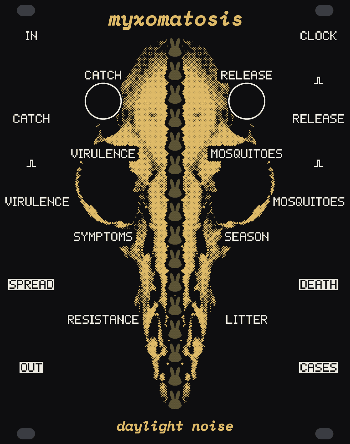 The MYXOMATOSIS panel: black, with a rabbit's skull in gold dots seen from above, its crown under the name, its empty eye sockets round two of the knobs and its long snout down the middle to its teeth. Down the middle, in single file, sixteen small rabbits' heads of bare circuit board. White labels: IN, CATCH, VIRULENCE, SPREAD and OUT down the left edge, CLOCK, RELEASE, MOSQUITOES, DEATH and CASES down the right; the buttons CATCH and RELEASE and the knobs VIRULENCE, MOSQUITOES, SYMPTOMS, SEASON, RESISTANCE and LITTER either side of the rabbits. myxomatosis at the top, daylight noise at the bottom.