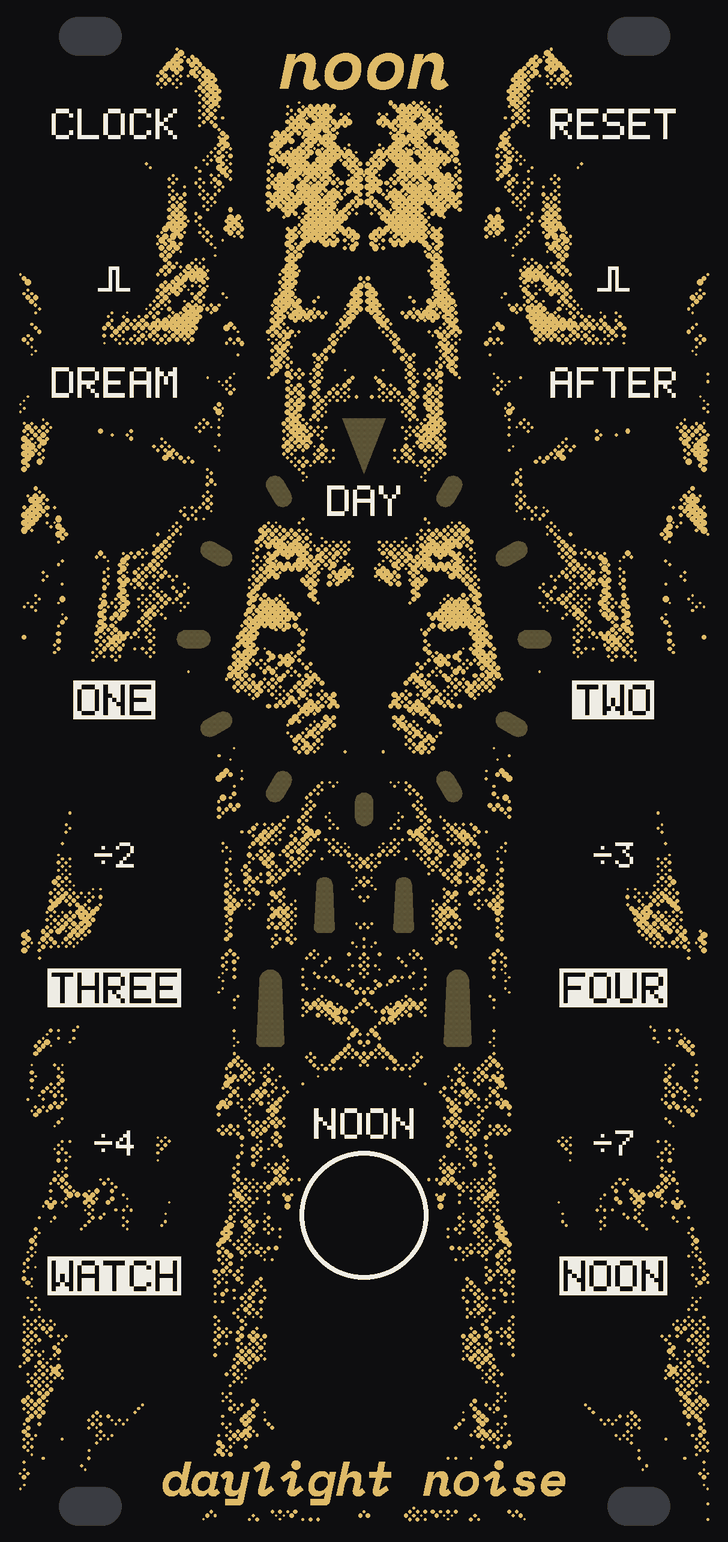The NOON panel: black, with stone in gold dots rising up the middle and a face in the stone looking out under the name. DAY, the big knob, sits in a ring of twelve small windows of bare circuit board, an hour each, twelve marked at the top; under it four small upright windows climb the middle toward it. DREAM and AFTER either side of DAY, CLOCK and RESET at the top corners, ONE to FOUR in pairs down the sides, WATCH and NOON at the foot, and the NOON button low in the middle. noon at the top, daylight noise at the bottom.