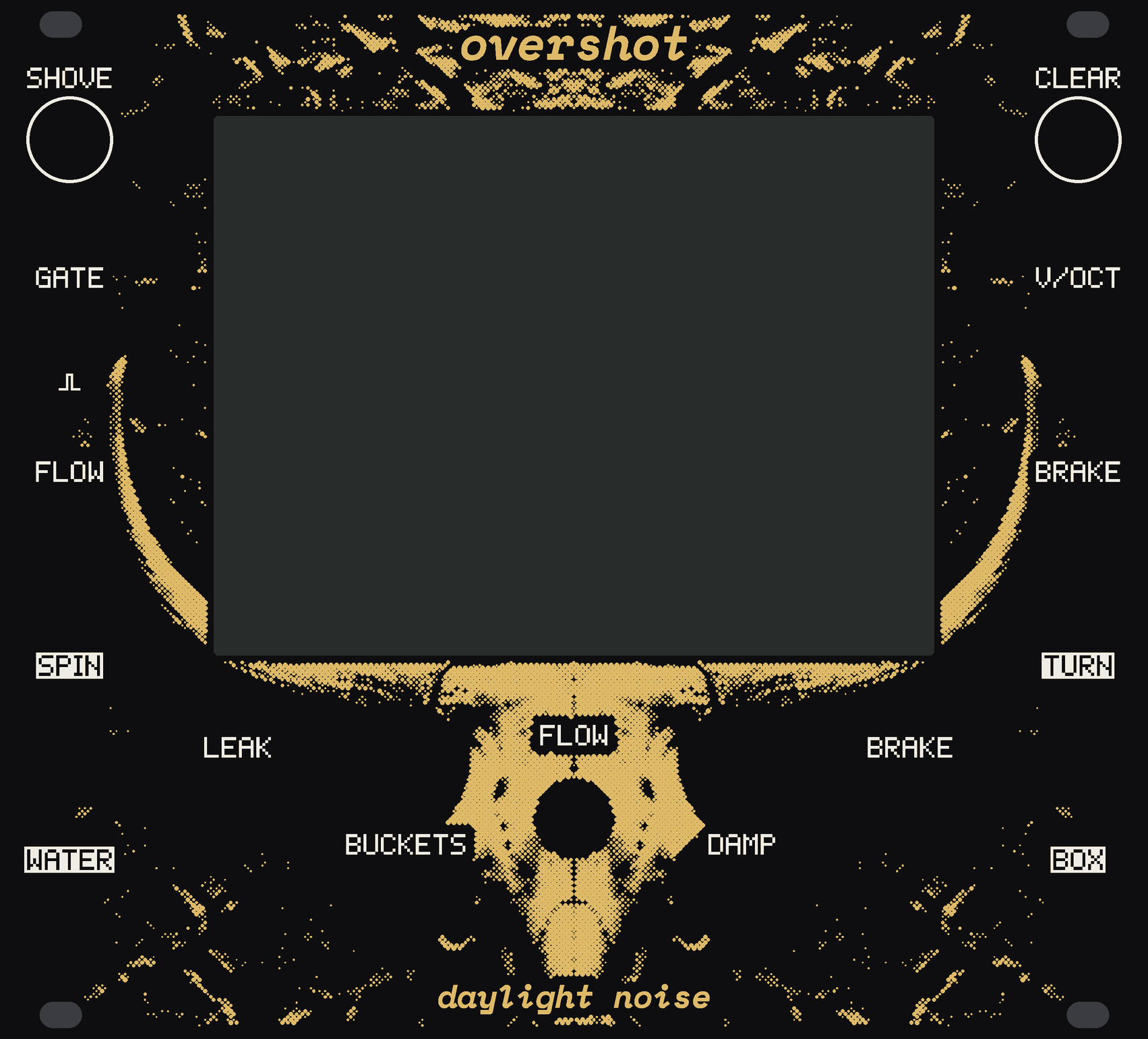The OVERSHOT panel: black, a wide screen across its top half, and round it in gold dots a cow's skull in a dry riverbed. SHOVE and CLEAR at the top corners; GATE, FLOW, SPIN and WATER down the left edge, V/OCT, BRAKE, TURN and BOX down the right; LEAK, BUCKETS, DAMP and BRAKE round FLOW. overshot at the top, daylight noise at the bottom.