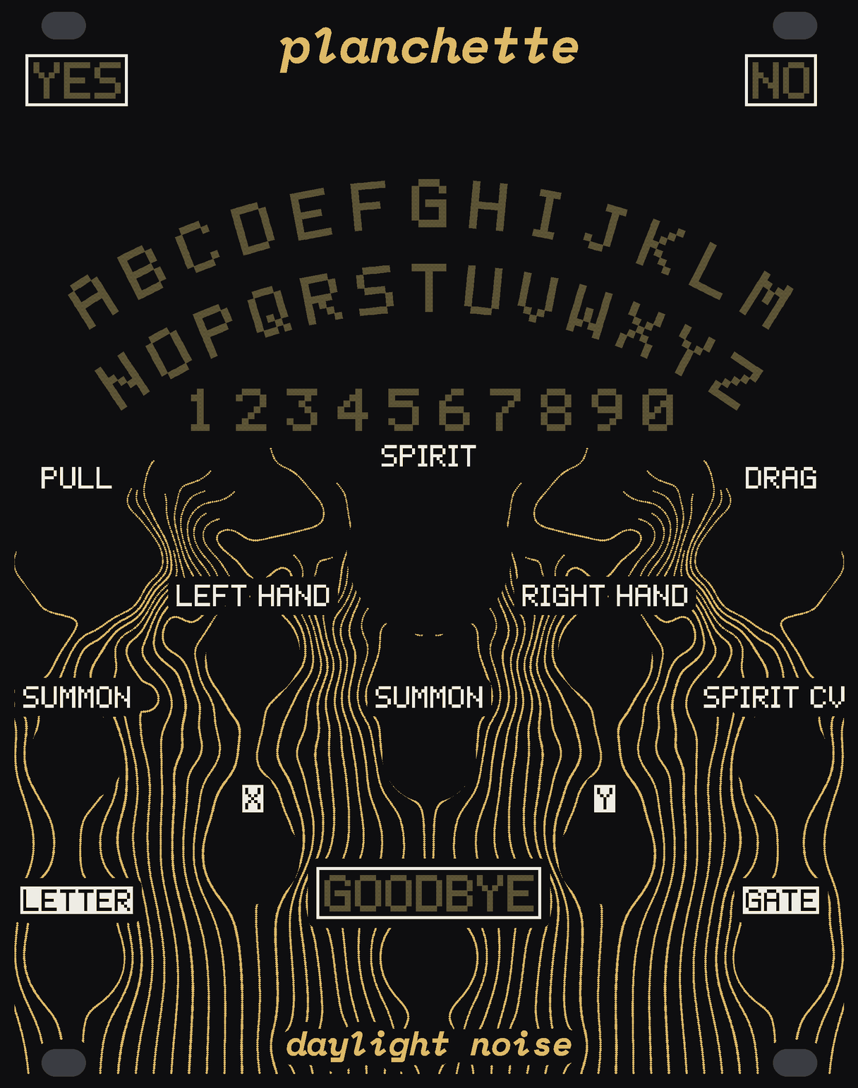 The PLANCHETTE panel: black, with gold smoke rising round the controls. The top half is a talking board cut through the panel, bare circuit board: the alphabet in two arcs, the numbers 1 to 0 in a row under them, YES and NO framed in the top corners and GOODBYE framed at the foot. White labels: PULL, SPIRIT and DRAG under the board, LEFT HAND and RIGHT HAND under them, SUMMON's button on the middle with the SUMMON jack and SPIRIT CV either side, X and Y, and LETTER and GATE in the bottom corners. planchette at the top, daylight noise at the bottom.