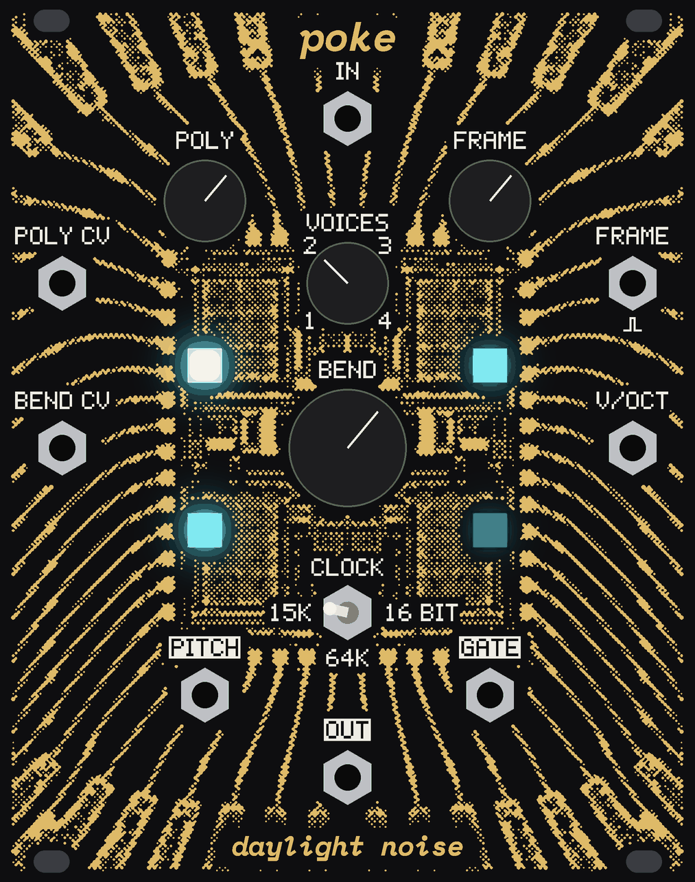 The POKE panel playing, its four lights lit cyan, its knobs on.