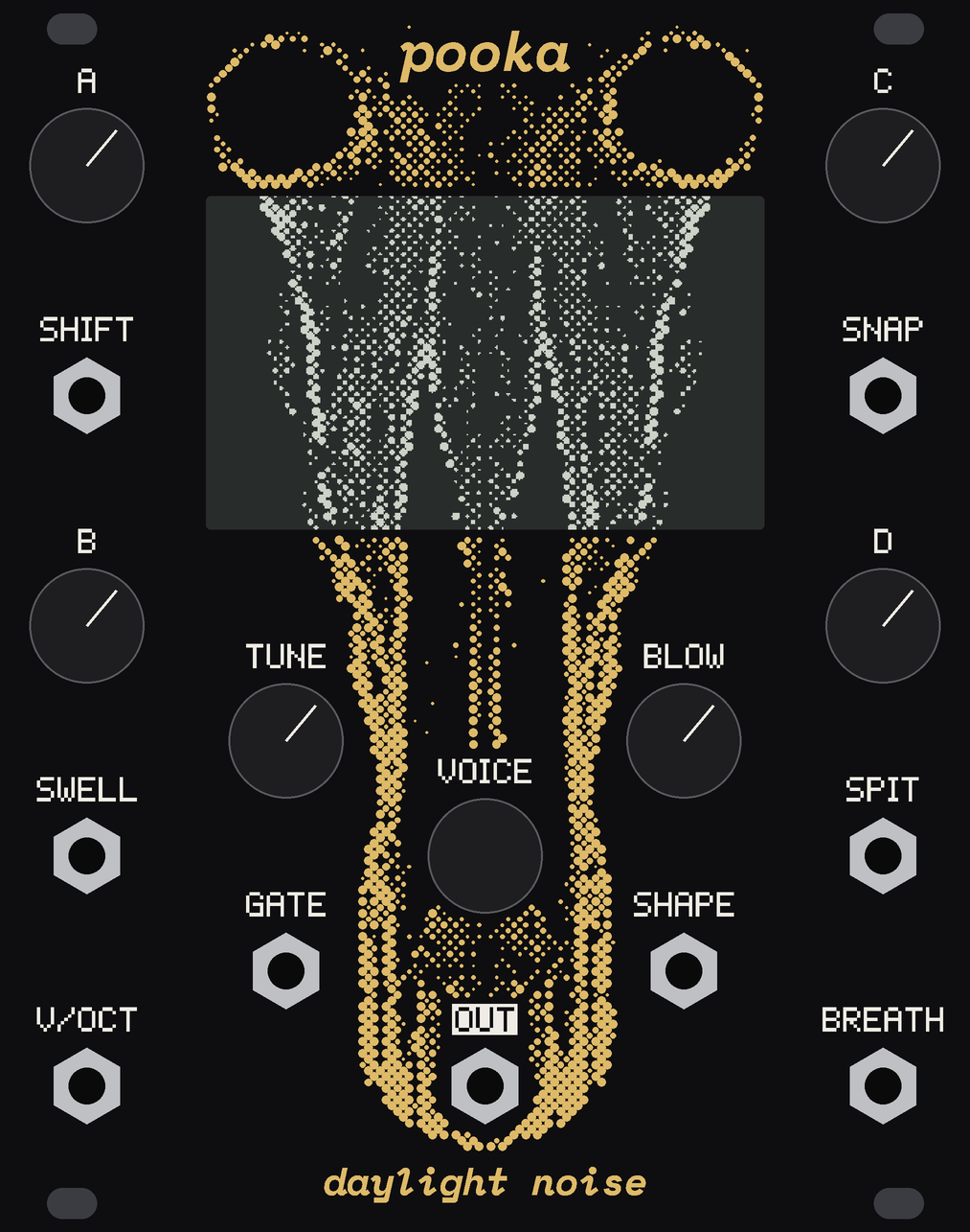 The Pooka front panel: black, with a horse's skull in gold halftone dots that runs on across the dark screen, its eye sockets either side of the name at the top and its teeth round the OUT jack at the bottom; six knobs, an encoder and nine jacks, each one mirrored by its twin across the middle.