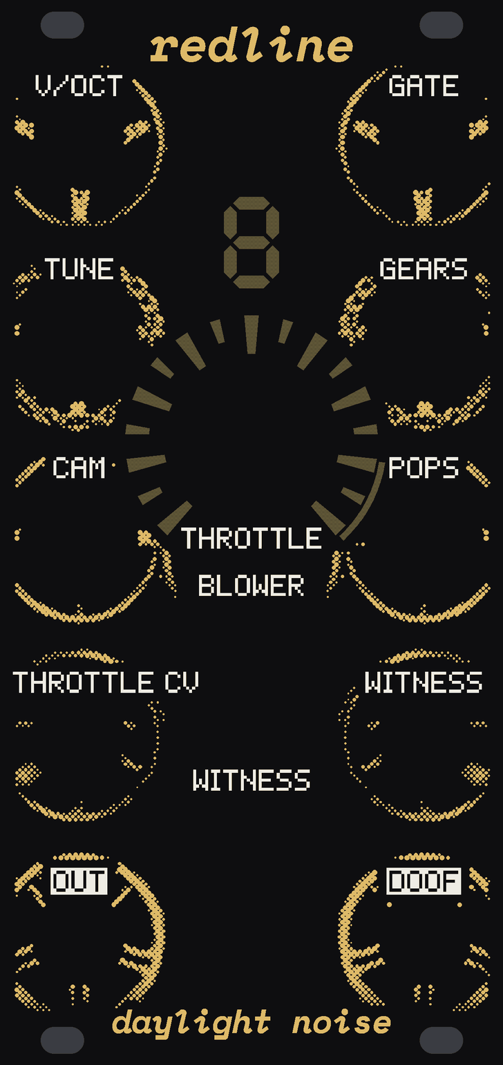 The REDLINE panel: black, with a wall of steering wheels in gold dots, one round each jack and knob down the two edges. In the middle a tachometer of bare circuit board rings the big THROTTLE knob: seventeen ticks from 0 to 8 and a thin band outside the last thousand, with a seven-segment gear digit above it. White labels: V/OCT and GATE at the top corners, TUNE and GEARS beside the tach, CAM and POPS below them, BLOWER and WITNESS under THROTTLE, THROTTLE CV and WITNESS down the edges, and the outputs OUT and DOOF at the foot. redline at the top, daylight noise at the bottom.