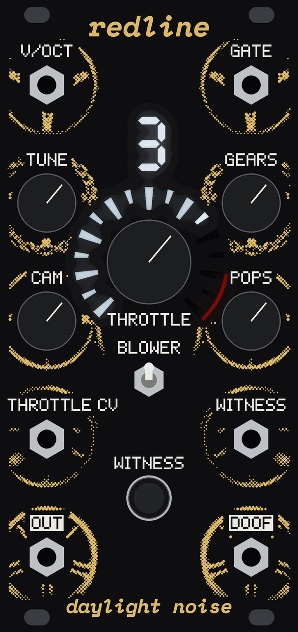REDLINE's panel: a wall of steering wheels in gold dots down both sides, a jack or a knob at the hub of each; in the middle the big THROTTLE knob ringed by a tachometer of bare circuit board lit cold white, a red band at its top end, and a gear digit reading 3 over it
