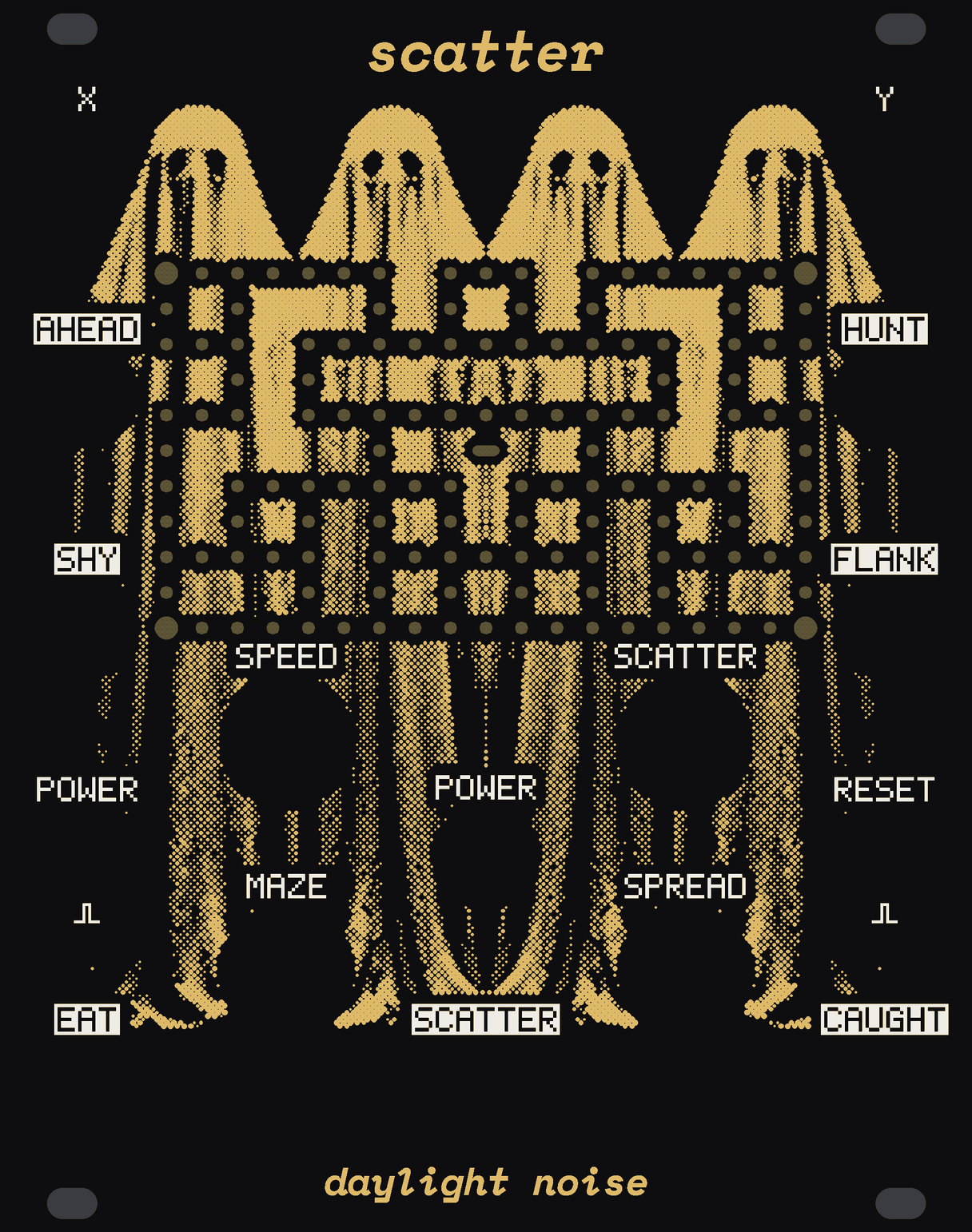 The SCATTER panel: black, with four figures under sheets in gold dots, their heads in a row under the name. Across the upper half a maze of small round windows of bare circuit board, a big one in each corner and a slot in the middle. The jacks X and Y at the top corners, AHEAD and HUNT, SHY and FLANK down the sides beside the maze, POWER and RESET below them, EAT and CAUGHT at the foot. Under the maze the knobs SPEED and SCATTER, the POWER button, MAZE and SPREAD, and SCATTER's out at the foot. scatter at the top, daylight noise at the bottom.