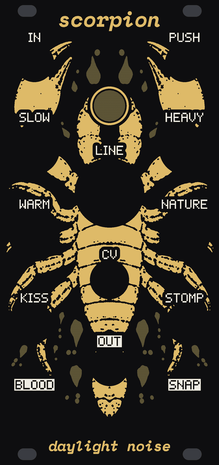 The SCORPION panel: black, with a gold scorpion across it, its claws raised round a round lamp window over the big LINE knob, and faint stains of bare circuit board either side of the lamp and round the foot. White labels: IN and PUSH at the top corners, SLOW and HEAVY beside the lamp, LINE in the middle with WARM and NATURE either side, CV under LINE, KISS and STOMP down the edges, OUT on the spine, BLOOD and SNAP at the foot. scorpion at the top, daylight noise at the bottom.