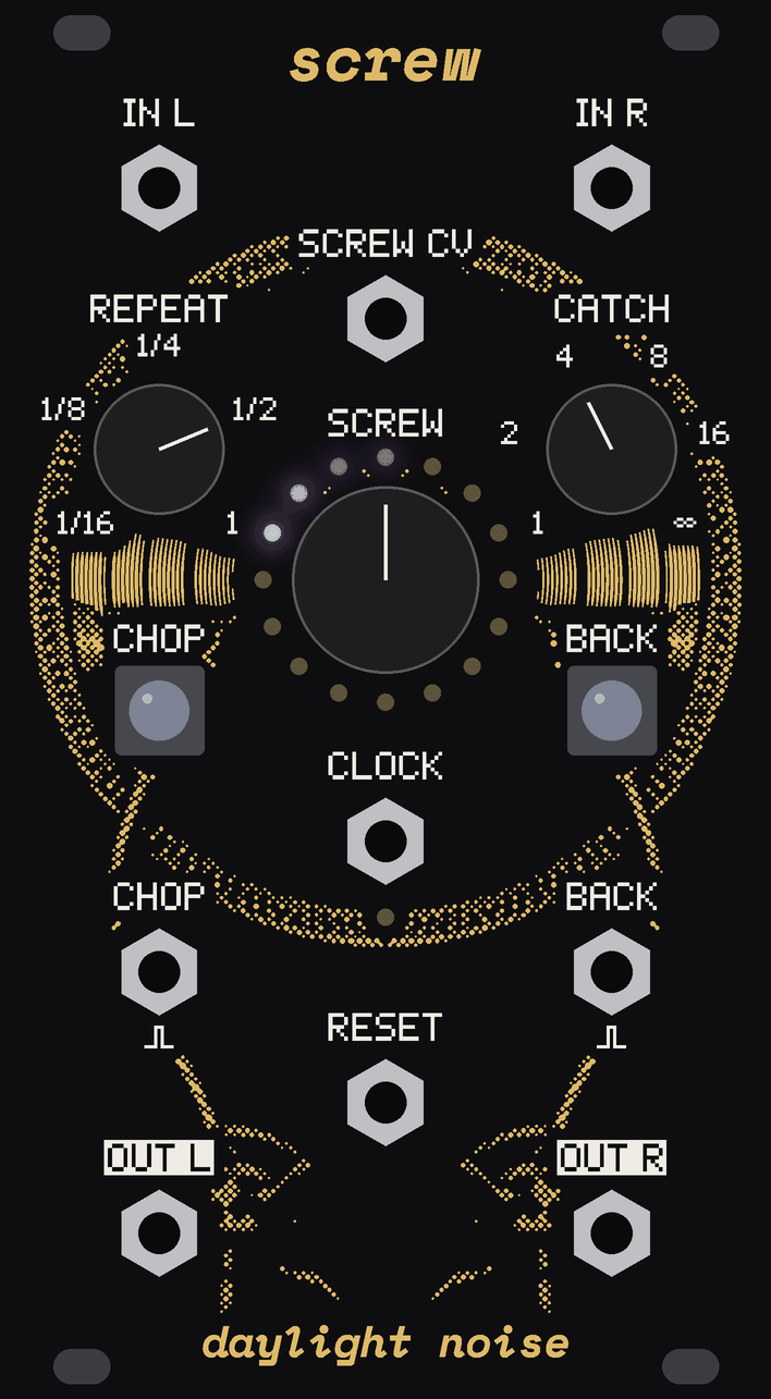 The SCREW panel playing, three dots of its ring lit back from the top, its knobs on.