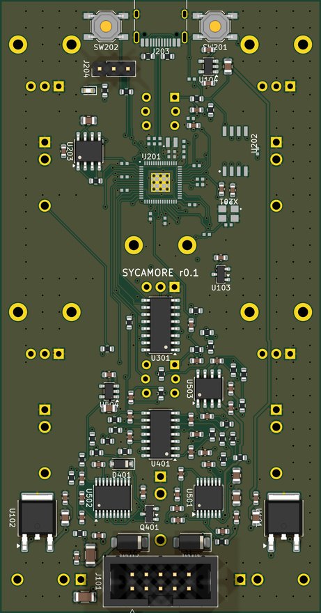 The back of the main board as KiCad renders it: the RP2350 near the top with its flash and PSRAM either side, the analog parts and the two converters lower down, the power header at the bottom.