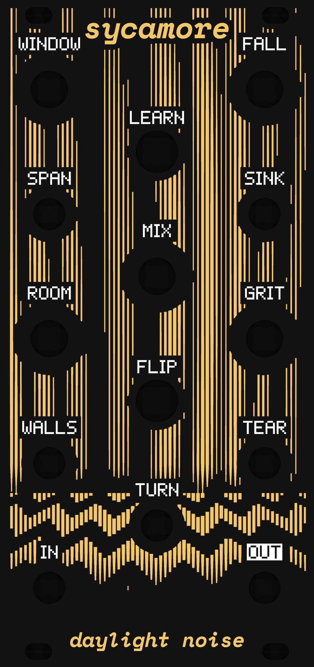 The SYCAMORE panel: black, with vertical gold lines that draw heavy curtains over a zigzag floor. Five knobs (WINDOW, FALL, MIX, ROOM, GRIT), two lit buttons (LEARN, FLIP) and seven jacks (SPAN, SINK, WALLS, TEAR, TURN, IN, OUT), with white labels and OUT in a white block. 'sycamore' at the top, 'daylight noise' at the bottom.