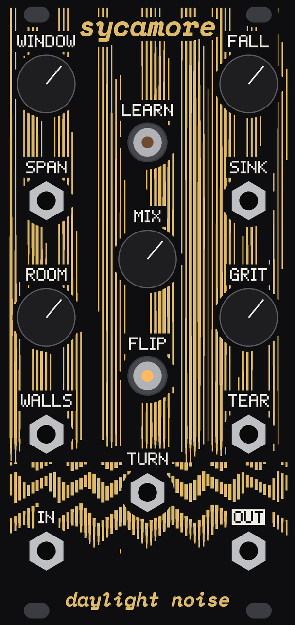 SYCAMORE's panel: heavy curtains drawn in vertical gold lines over a zigzag floor, on black, with fourteen knobs, jacks and two lit buttons on a staggered grid