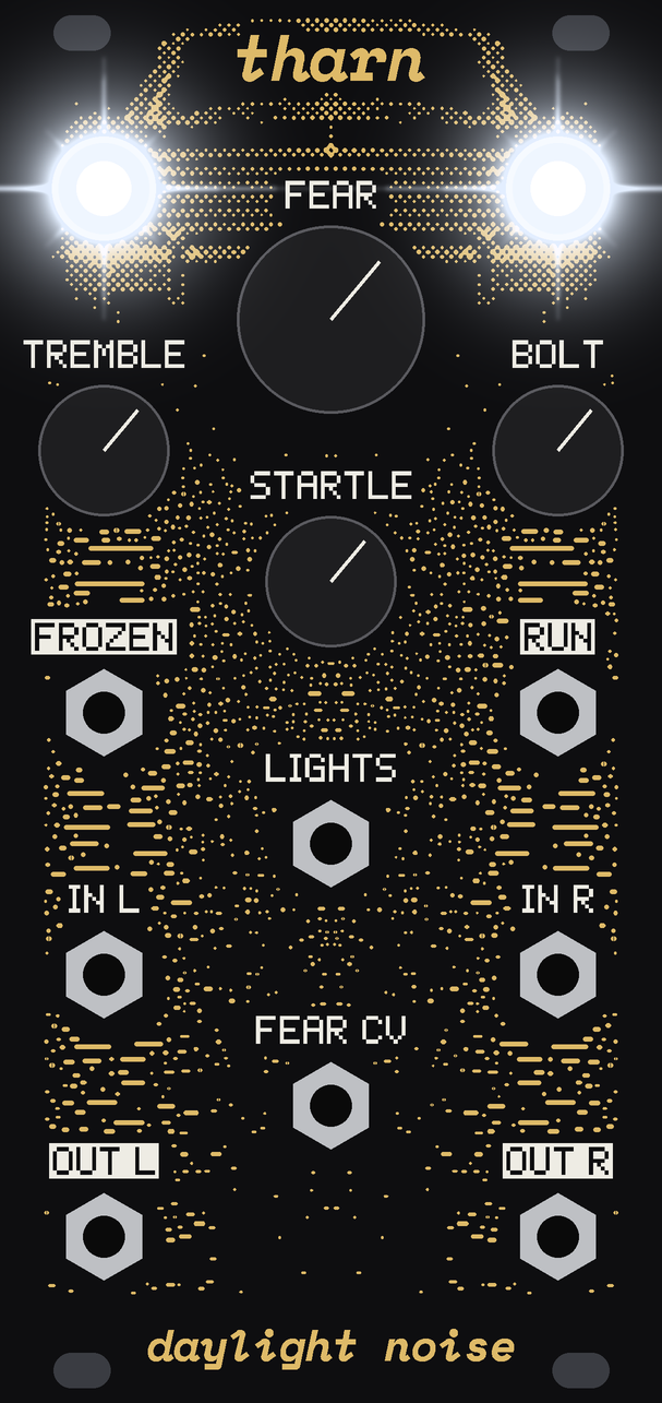 The THARN panel frozen, its headlights glaring, with its knobs on.