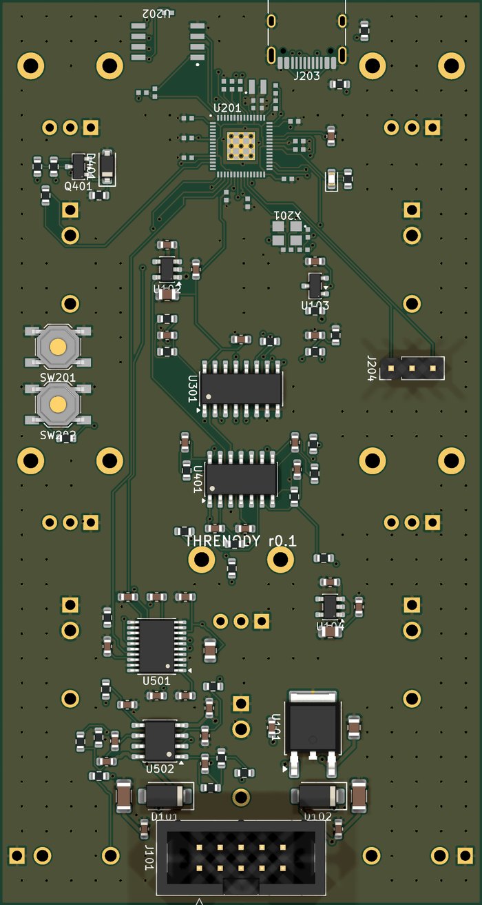 The back of the routed main board, as KiCad renders it: the RP2350 near the top with its flash and crystal, the multiplexer and the op-amp in the middle, the DAC and the output op-amp lower down, the regulator and the eurorack power header at the foot.
