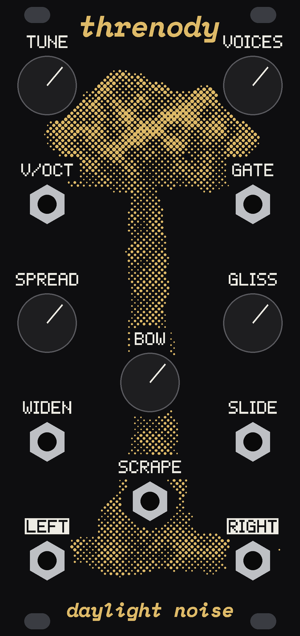 THRENODY's panel: a mushroom cloud in gold newsprint halftone dots on black, its cap between the top knobs and its stem running down the middle, with twelve knobs and jacks on a staggered grid