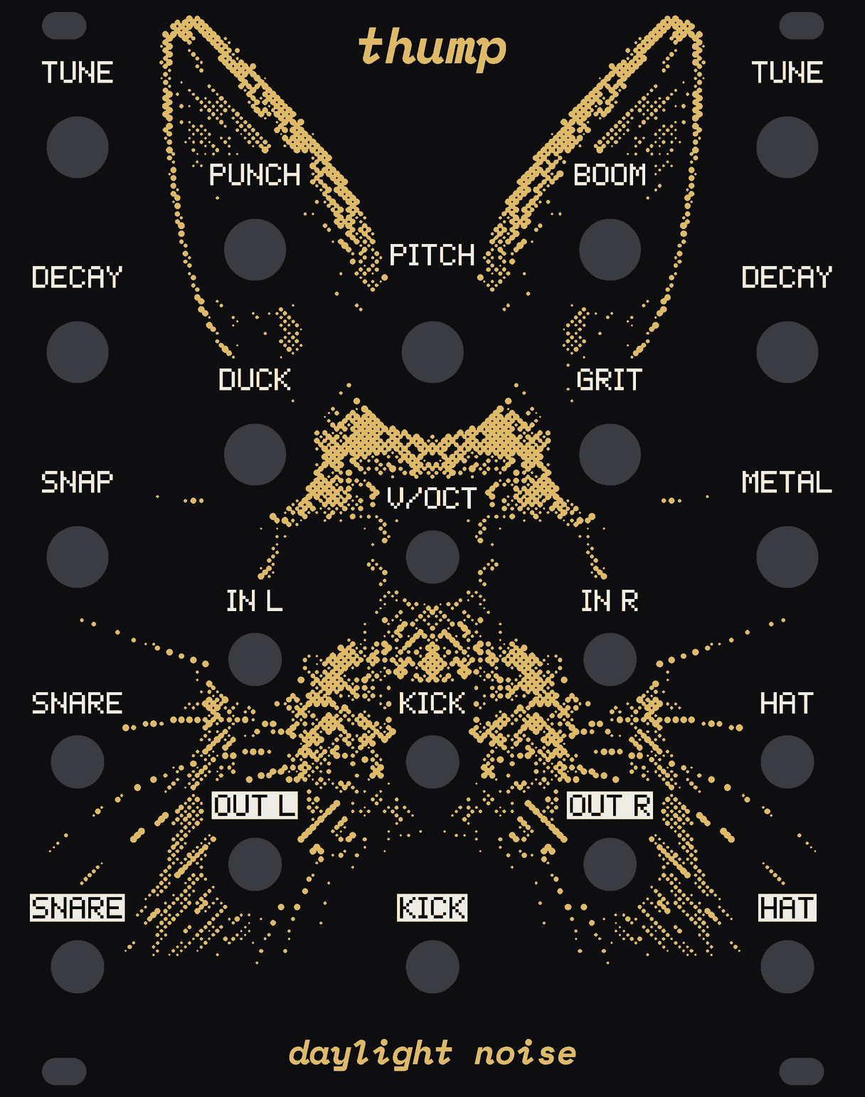 The THUMP panel: black, a black rabbit's head in gold halftone dots, lit from above so only its ears, brow and muzzle catch the light, its eyes two dark hollows either side of V/OCT. White labels: TUNE, DECAY and SNAP down the left for the snare, TUNE, DECAY and METAL down the right for the hat, PUNCH, PITCH and BOOM between the ears, DUCK and GRIT, then the jacks. thump at the top, daylight noise at the bottom.