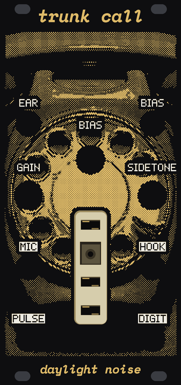 The TRUNK CALL panel: black, a rotary telephone front-on in gold dots, its handset across the top under the name and its dial behind BIAS, the big knob on the spine. Under BIAS a window in the panel shows the socket's face: three narrow slots and a square hole in a row, down the spine. EAR and BIAS's CV in at the top, GAIN and SIDETONE under them, MIC and HOOK beside the socket, PULSE and DIGIT at the foot. trunk call at the top, daylight noise at the bottom.
